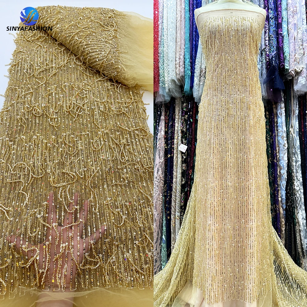 Tim Red African Beads Tassels French Mesh Tulle Sequins Lace Fabric 2024 High Quality Luxury Beaded Wedding Gold White Lace