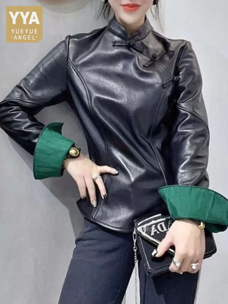 

Vintage Tang Suit Genuine Leather Jacket Women Stand Collar Slim Fashion Tops Chinese Style Single Breasted Short Sheepskin Coat