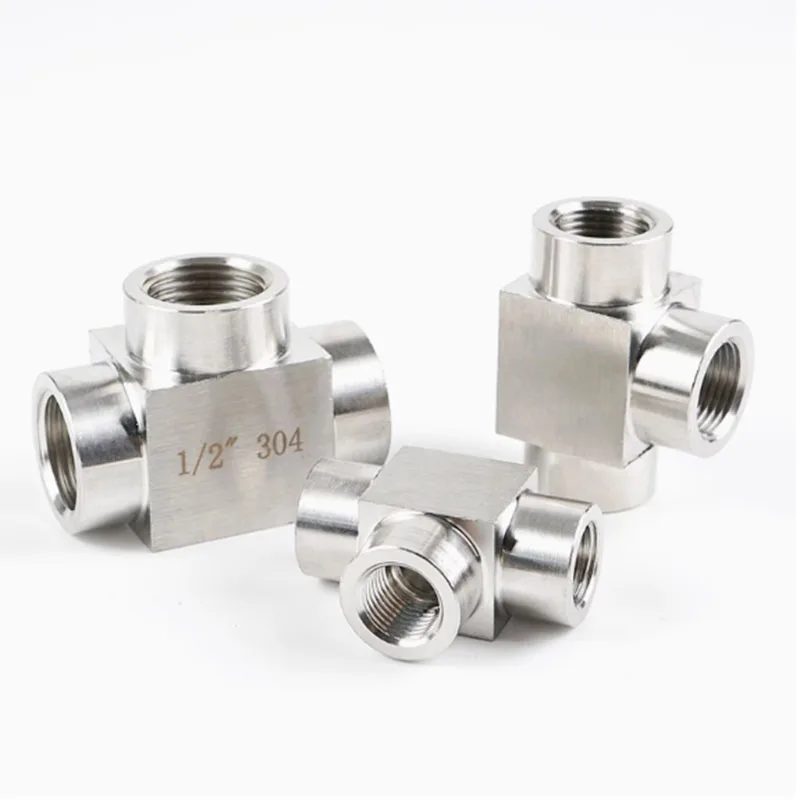304 Stainless Steel Internal Thread Tee Joint Thickened High Pressure Connector CNC Hydraulic Pipe Fitting