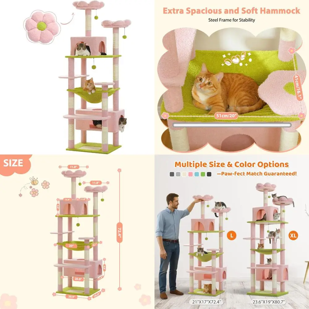 

Большая 72-дюймовая башня для кошек с гамаком со стальным каркасом, 2 кондоминирования и 7 когтеточками — высокое кошачье дерево для игр и отдыха