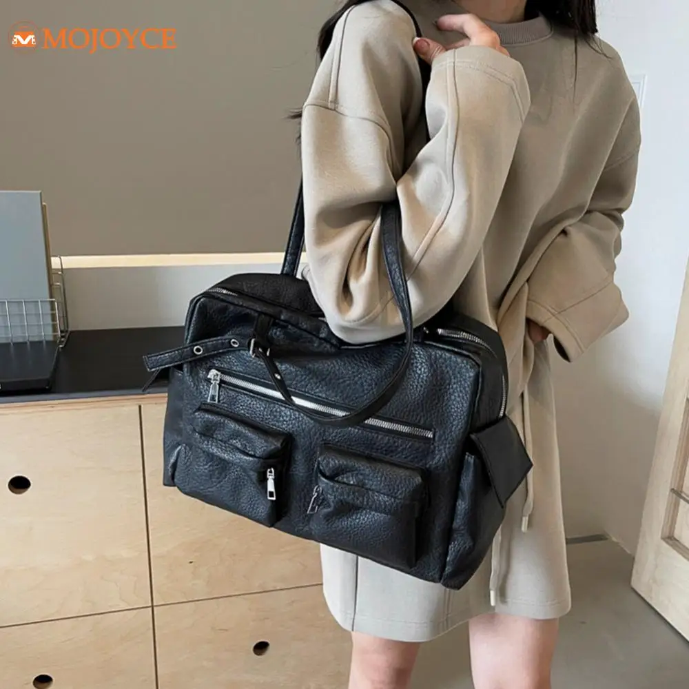 2024 Women PU Leather Shoulder Bag Multi-Pockets Underarm Bag Solid Versatile Commuting Handbag Adjustable Strap Armpit Tote Bag