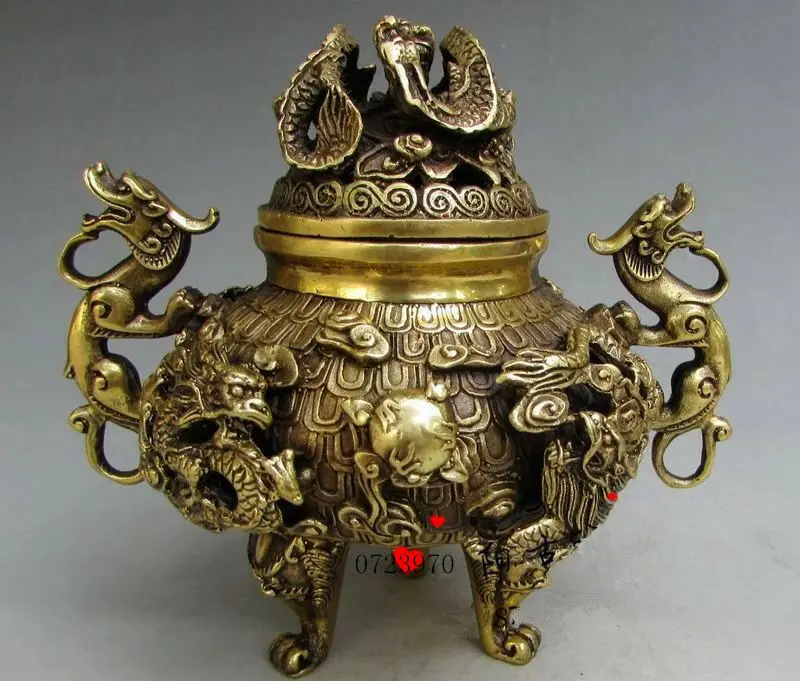 

Antique Chinese Fengshui Brass Nine Dragons Incense Burner Statue Qianlong Mark