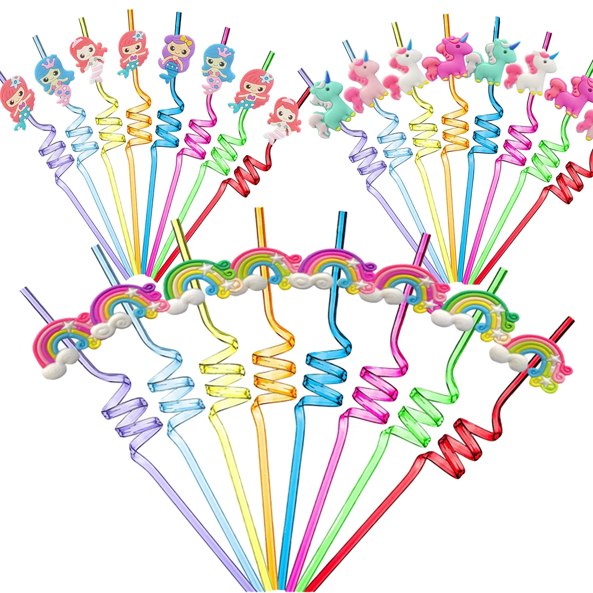 Cute Reusable Plastic Straws Party Decolative Straws Rainbow Unicorn Mermaid Cartoon Straw for Kid's Gift