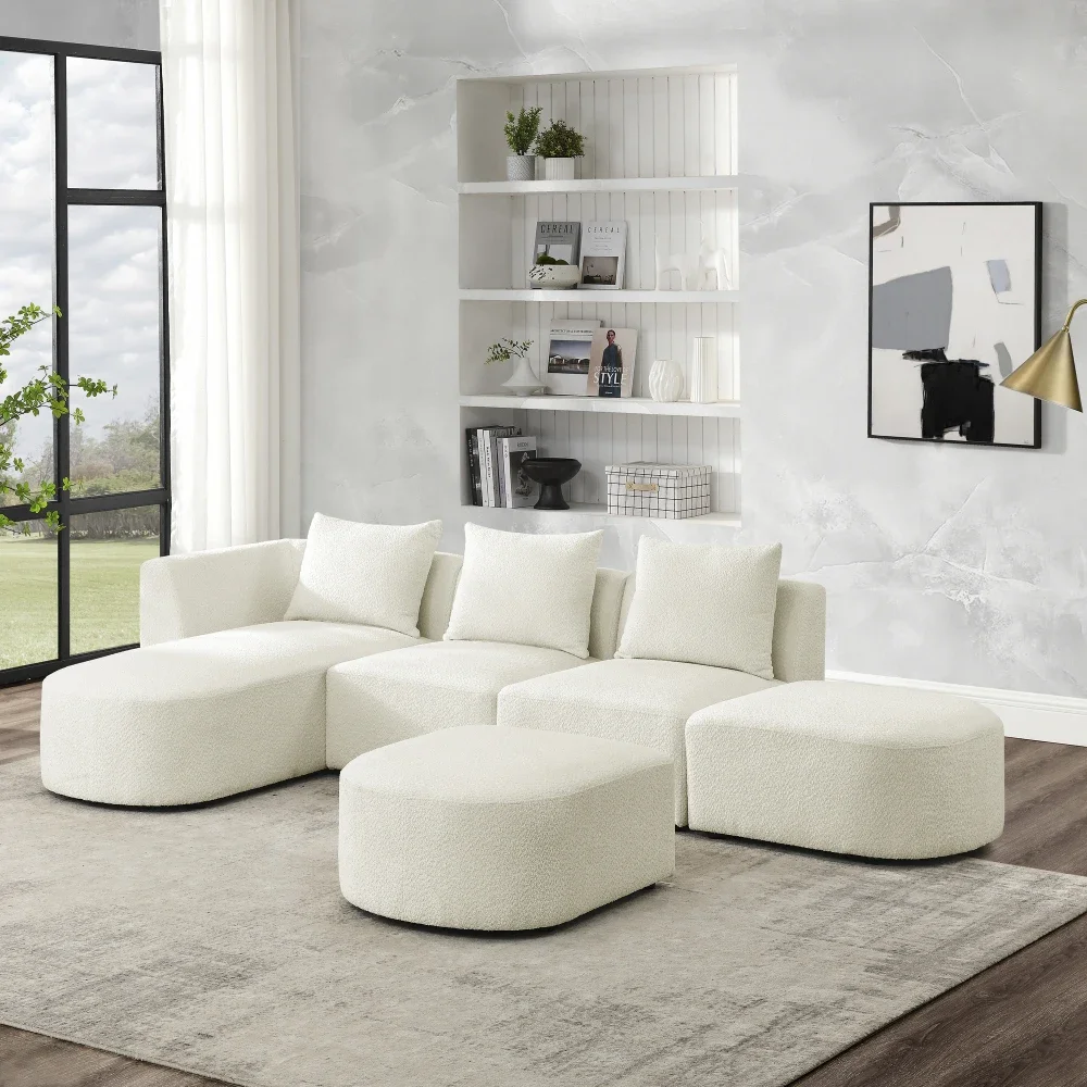 U Shape Sectional Sofa Including Two Single Seat Two Chaises and Ottomans Modular Sofa DIY Combination Loop Yarn Fabric Beige