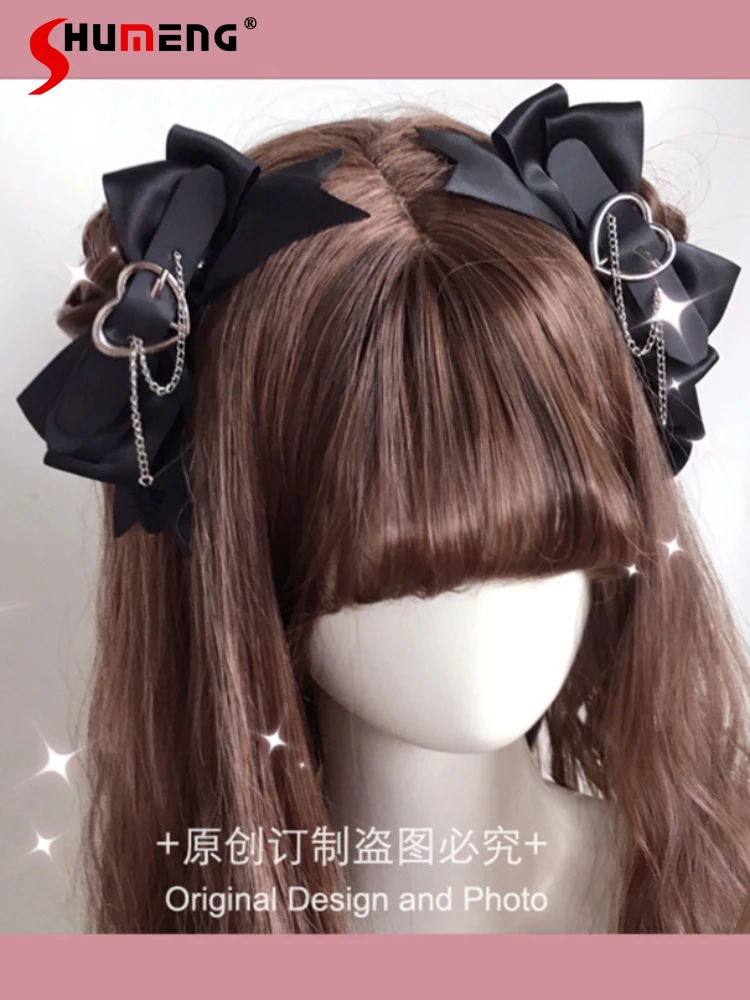 Lolita Bow Love Necklace Clause Headdress Cute Girl Cool Punk Love Hand Made Bow Barrettes JK Black Sweet Love Hair Accessories