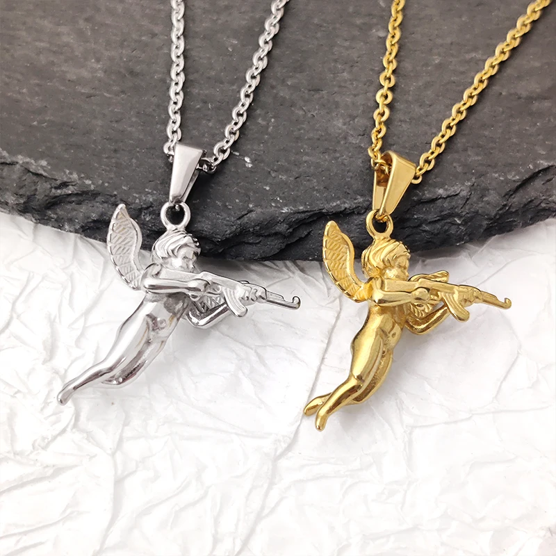 3D Angel Gun Pendant Necklace, 18K Gold Plated