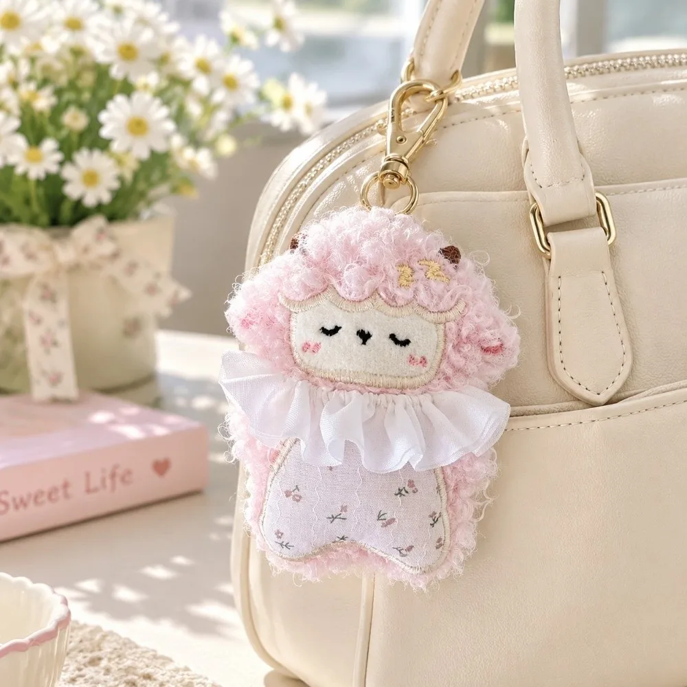 Zodiac Goat Curly-Haired Sheep Keychain Bag Charm Soft Stuffed Plush Sheep Doll Pendant Floral Ruffle Collar