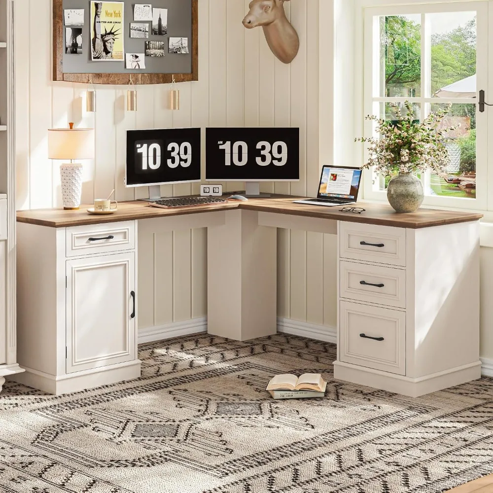 مكتب الزاوية التنفيذي للمكتب المنزلي: مكتب خشبي على شكل حرف L مع محطة شحن وأدراج وخزانة تخزين #3