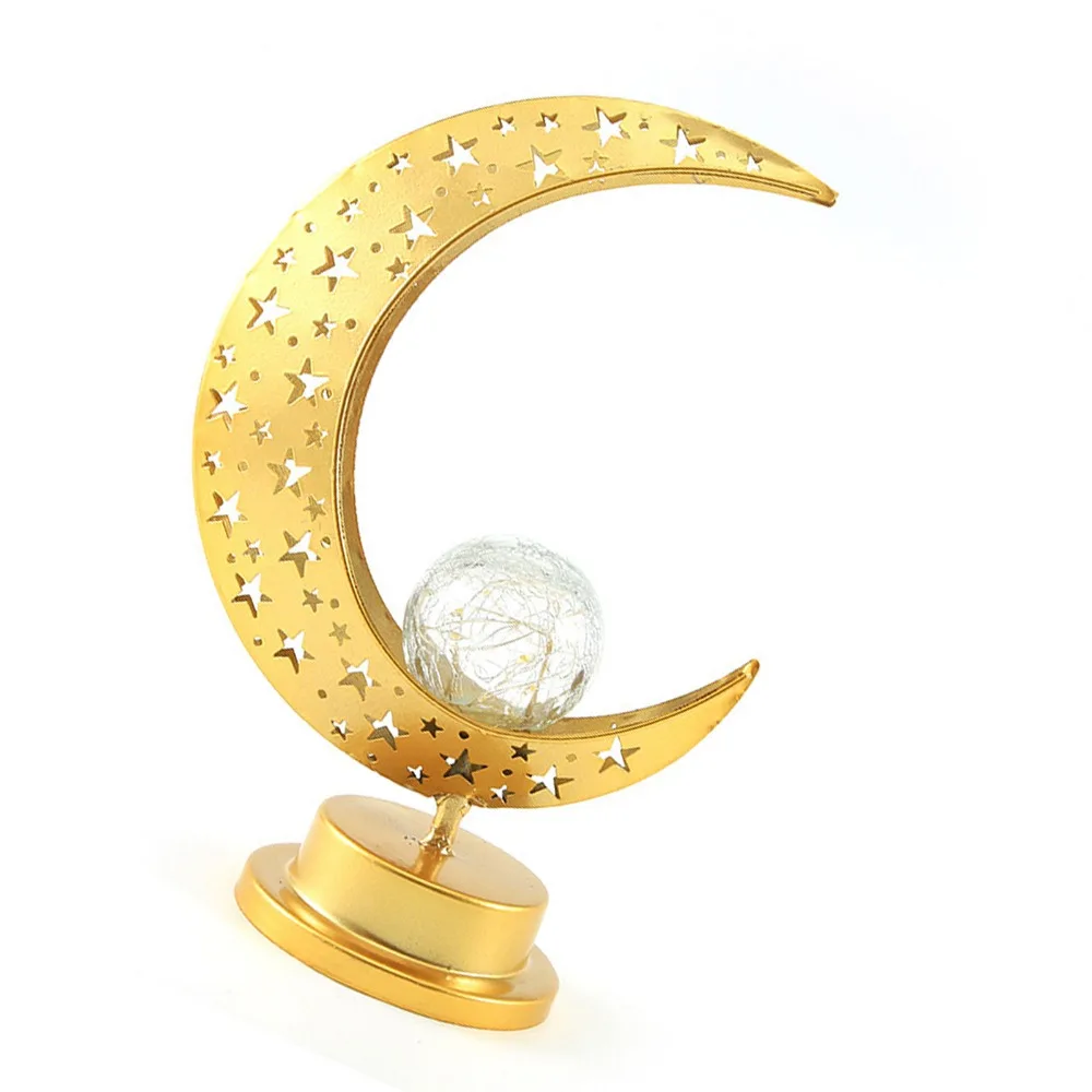 Battery Powered Desk Light LED Crescent Design Hollowed Out Iron Art Desktop Night Light Moon Lamp Eid Festive Display