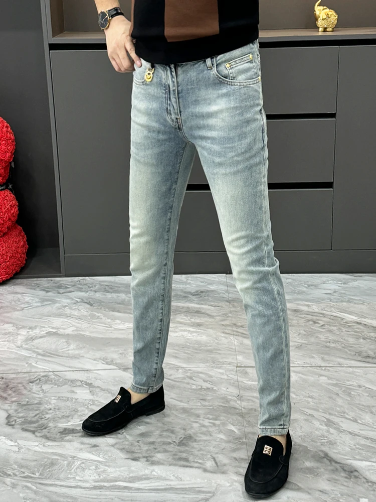 

New Summer Men's Jeans Embroidered Slim Straight Leg Faionable Versatile High Waist Long Pants Youthful Trendy Wear Resistant