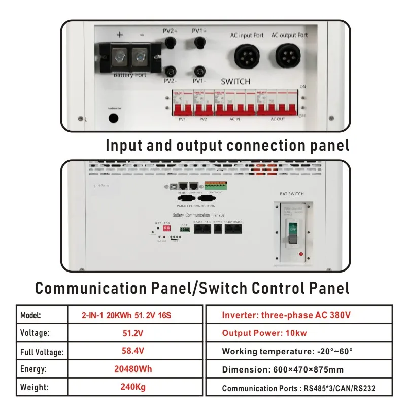 Three-Phase AC380V 20KWh 15KWh 48V Powerwall LifePo4 Battery 51V 2-IN-1 Solar Energy Storage System Built-in Inverter 10KW Power