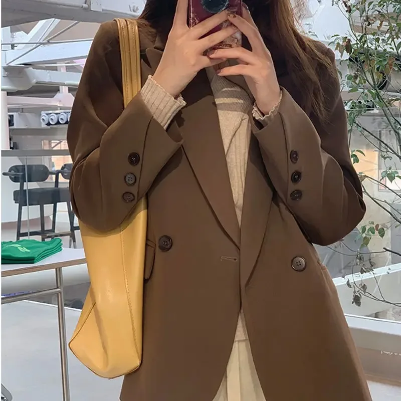 Insozkdg Brown Women Suit Jacket 2024 New Spring Autumn Korean-style All-match Niche Design Casual Mid-length Office Lady Blazer