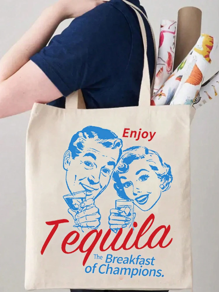 1pc Enjoy Tequila Letter Pattern Tote Bag Shopping Bag Carrier Bag Vintage Casual Canvas Shoulder Bag Handbag Shopping Gift Bag