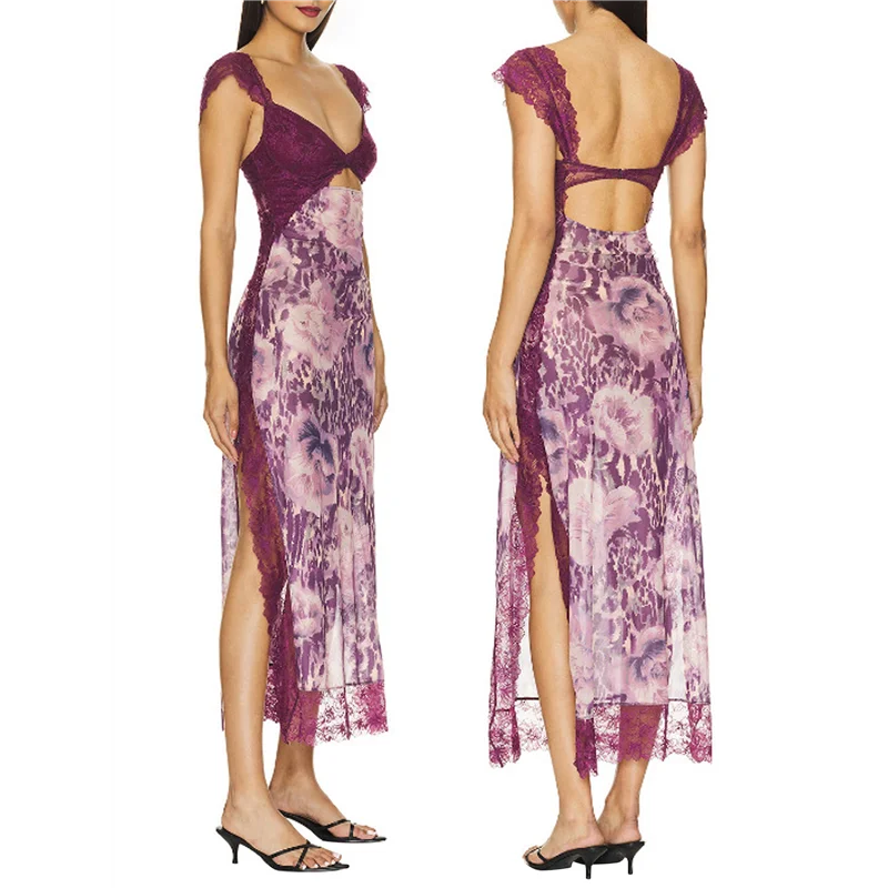 A83F-Women Lace Patchwork Mesh Maxi Dress Floral Print Cutout Sweetheart Neck Backless Slit Summer Y2K Long Dresses