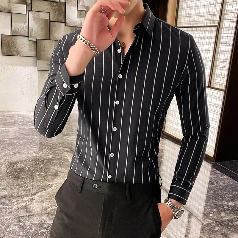 Korean Fashion Men\'s Shirts Button Down Slim Fit Long Sleeve Striped Shirt