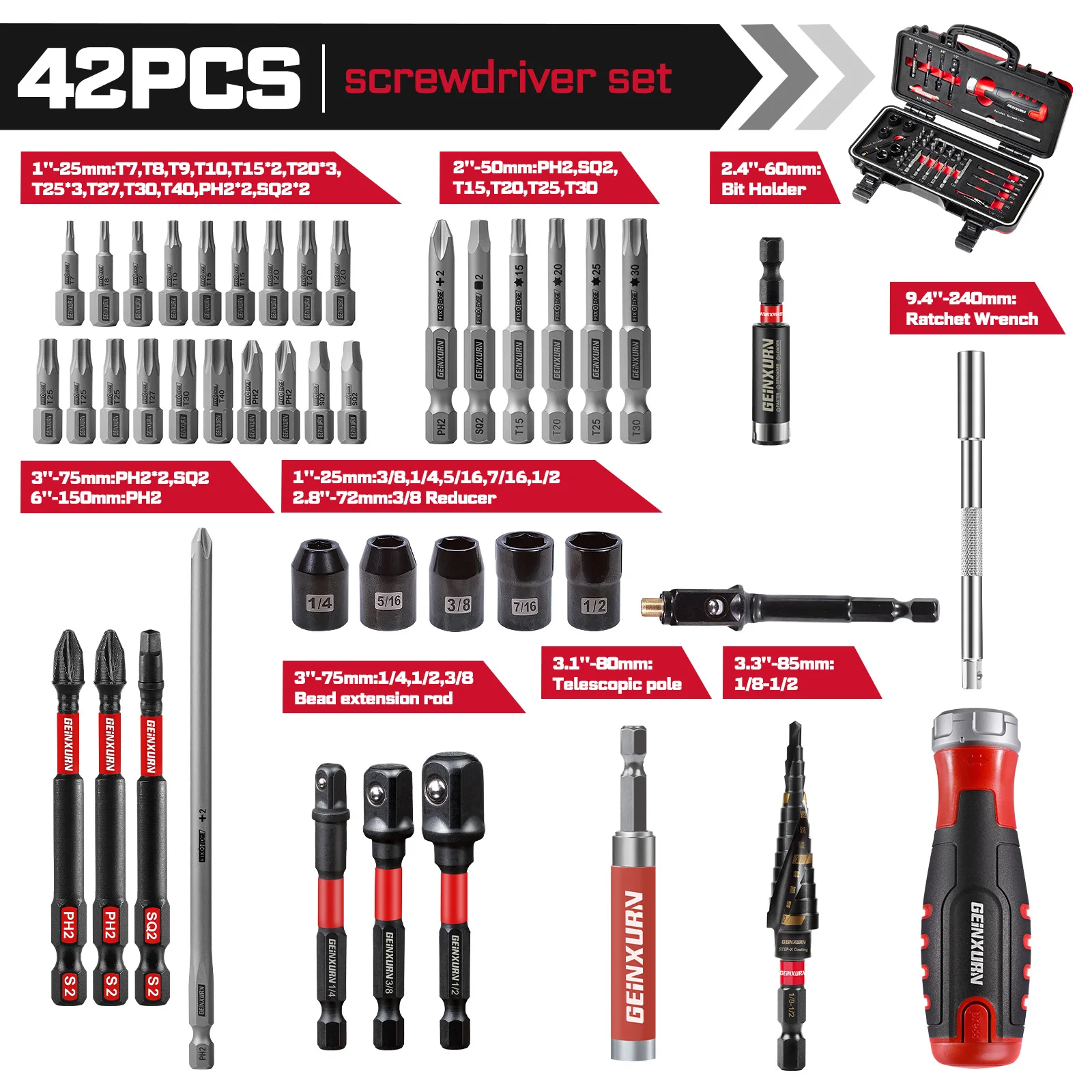Geinxurn 36Teeth Ratchet Screwdriver Set with Three-Mode Handle Step Drill Extension Bar And Sockets in Storage Case