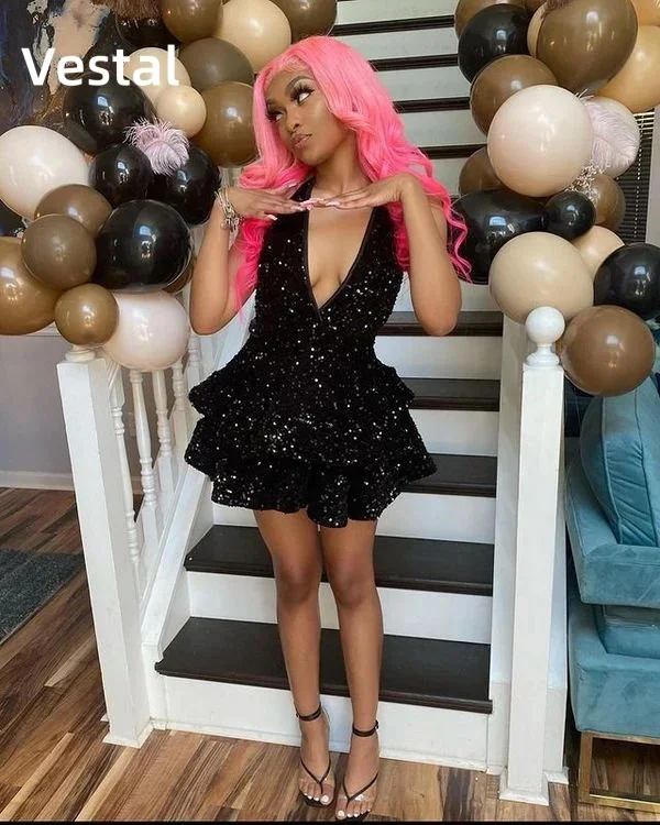 

Black Sequin Deep V Neck Homecoming Dress with Tiered Ruffle Skirt Sleeveless Short Birthday Party Cocktail Gown Customized