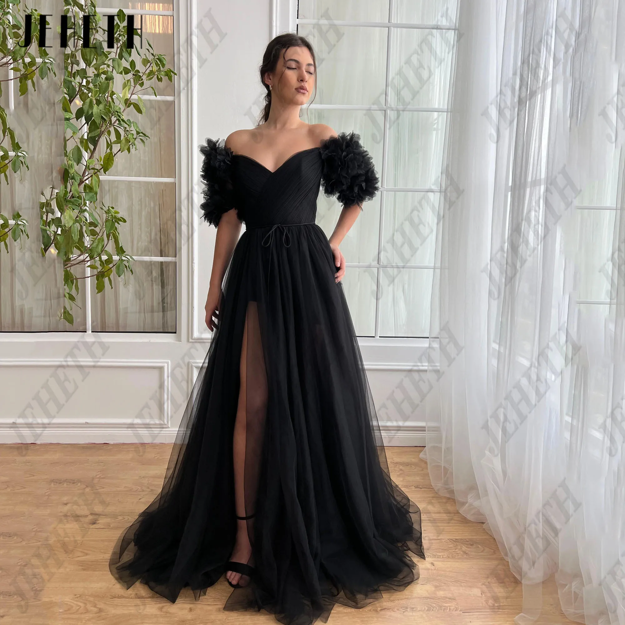 

JEHETH 3D Flowers Black Prom Dress Off Shoulder V-Neck Side Split فساتين للمناسبات الخاصة Customized Formal Occasion Dresses