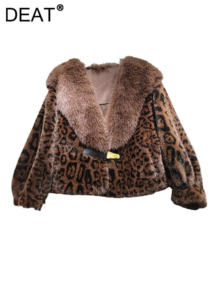 DEAT Women\'s Faux Fur Coat Lapel Loose Leopard Pattern Single Buckle Thick Luxury Plush Jackets 2024 Autumn New Fashion 29L8535