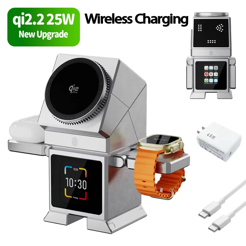 

Беспроводное зарядное устройство qi2.2 25W с магнитной быстрой зарядкой 3-в-1, роботизированным вращающимся механизмом, LCD-дисплеем, Bluetooth-колонкой и будильником для iPhone 17, 16, 15
