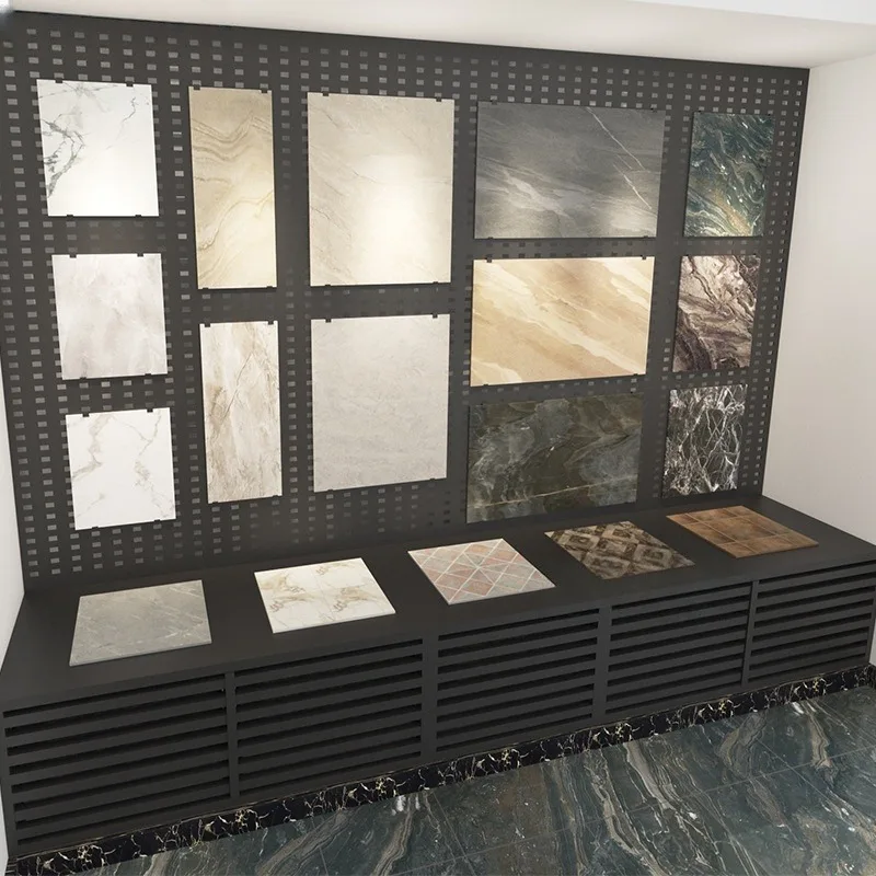 Modern Design Metal Wall Panel with Ceramic Marble Tiles Combination Cabinet Stone Display Rack Factory New for Showroom Floor