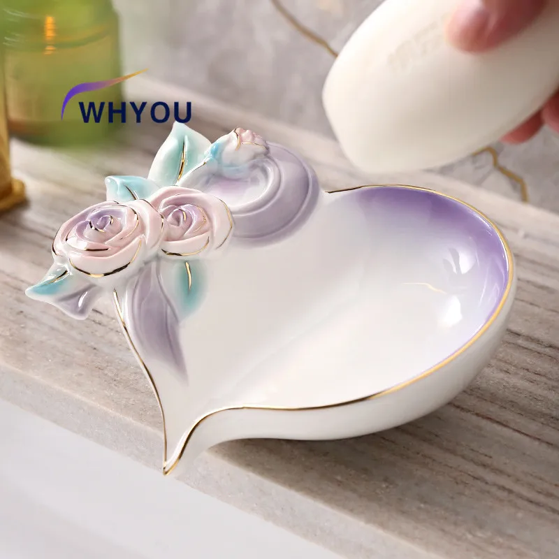 WHYOU Ceramic Rose Soap Dish Holder Drain Portable Home Bathroom Hotel Soap Box Tray Bathroom Accessories Crafts Wedding Gift