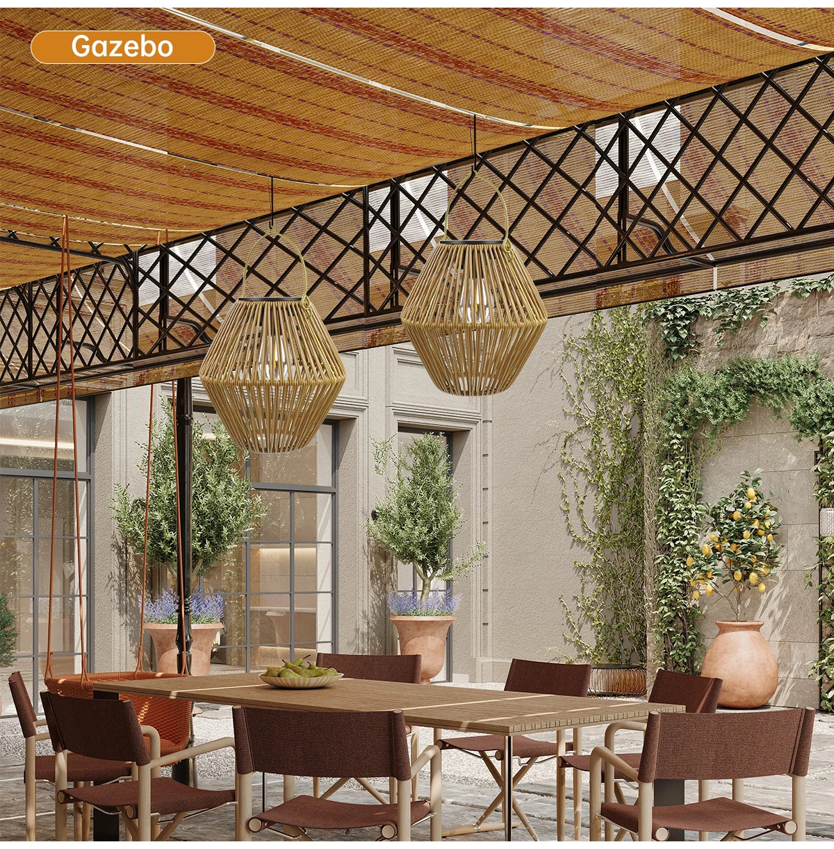 Close-up of ZenithWoven solar panel module on top of handcrafted rattan lantern
