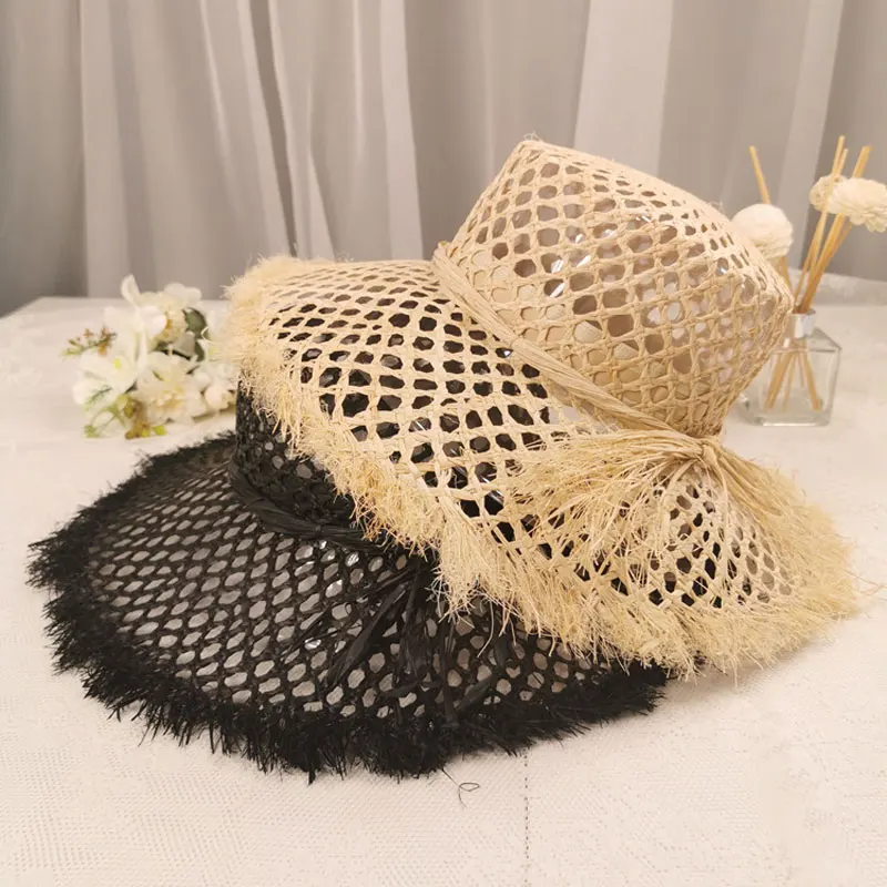 Cutout Straw Hat Hat For Women\'s Sun Hat French Style Large Brim Casual Solid Color Raw Edge Beach Style Raffia Hat 2021 панама