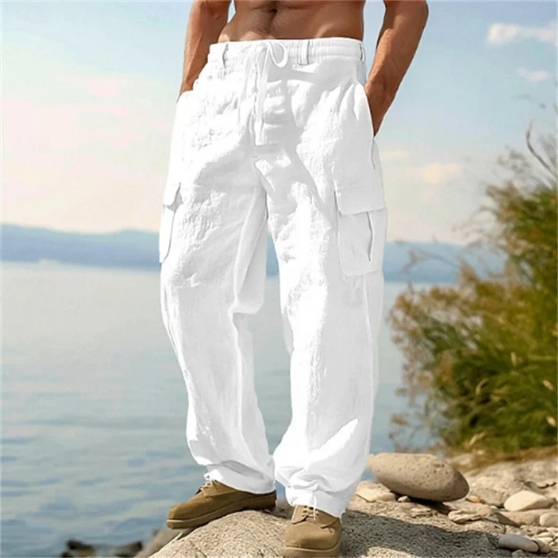 Letnie nowe męskie spodnie na co dzień Luźne wygodne spodnie z prostymi nogawkami Wiele kieszeni Spodnie Cargo Cienkie spodnie sportowe ze sznurkiem