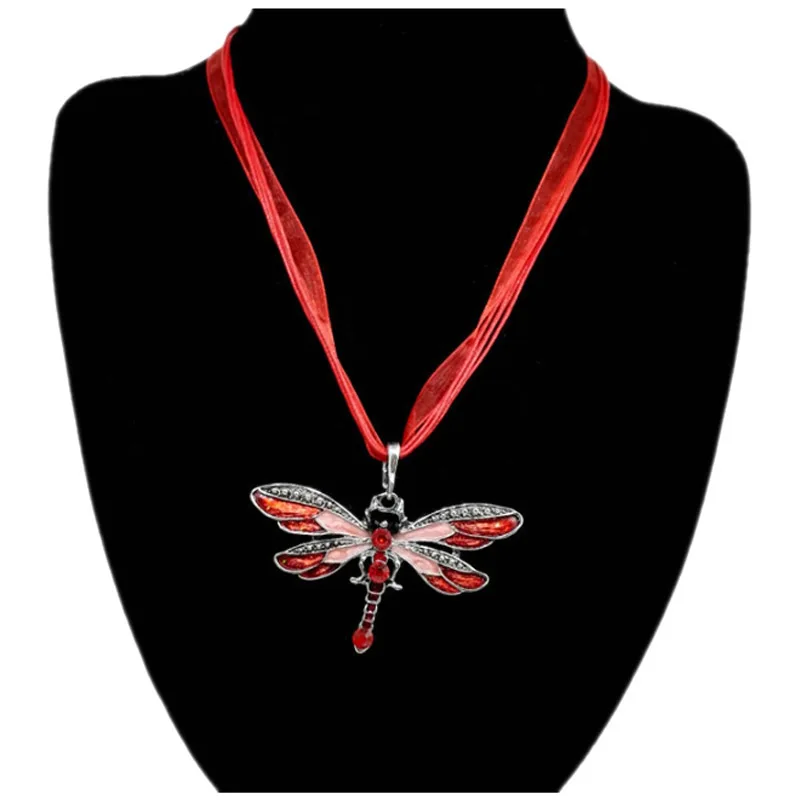 Vintage Enamel Dragonfly Pendant Necklace For Women Choker With Rhinestone Ribbon Wax Rope Chain Necklace Jewelry Gift