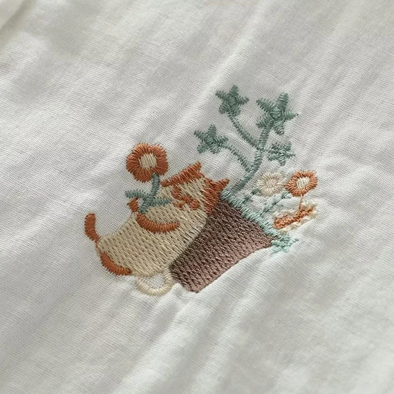 Spring Autumn Cartoon Bear Basket Embroidered Cotton Shirt Women White Color Base Long Sleeve Turn Down Collar Blouse Blusa