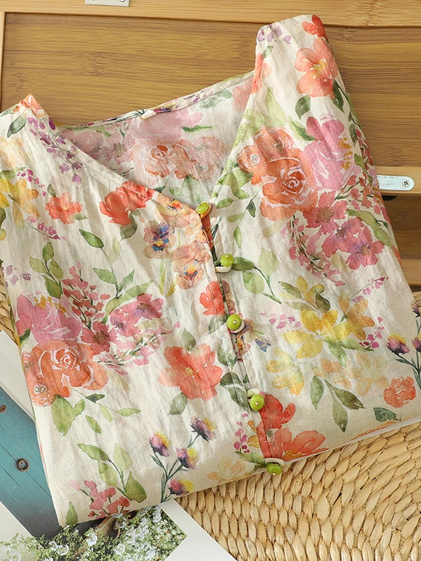 레트로 플로럴 코튼 린넨 5부 소매 여성 여름 패셔너블 루즈 캐주얼 브이넥 코튼 린넨 탑