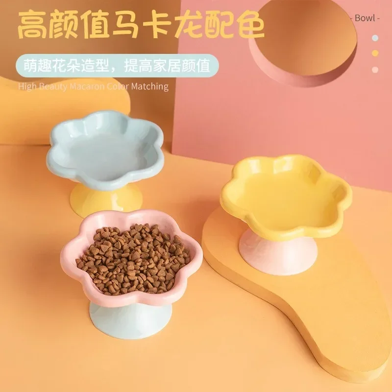 Ceramic Raised Cat Bowl With Flower Design, Elevated Cat Food Bowl Water Plate Snack Dish With Stand For Neck Protection