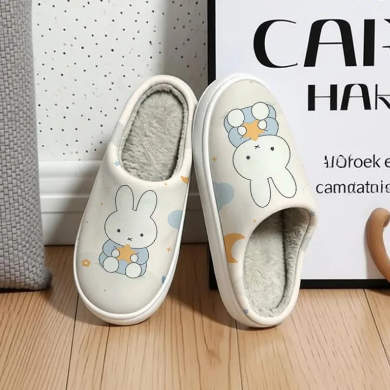Anime Miffy Cotton Slippers Cartoon Print Warm Non-Slip House Shoes for Men Women Indoor Outdoor Couple Matching Home Footwear