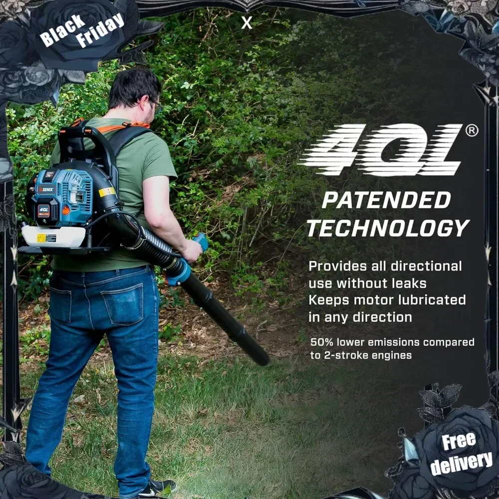 

4QL 49 cc 4-Cycle Backpack Gas Leaf Blower, Up to 600 CFM and 200 MPH, Variable Speed, Cruise Control, 18N Blowing Force