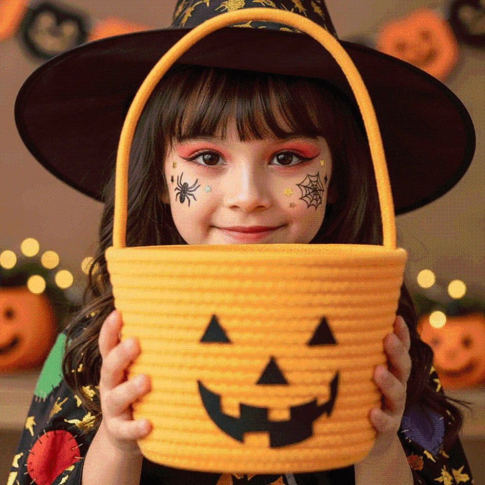Gift Hamper Cotton Pumpkin Candy Bucket Braided Orange Trick Treat Tote Portable Foldable Woven Storage Pouch Teachers