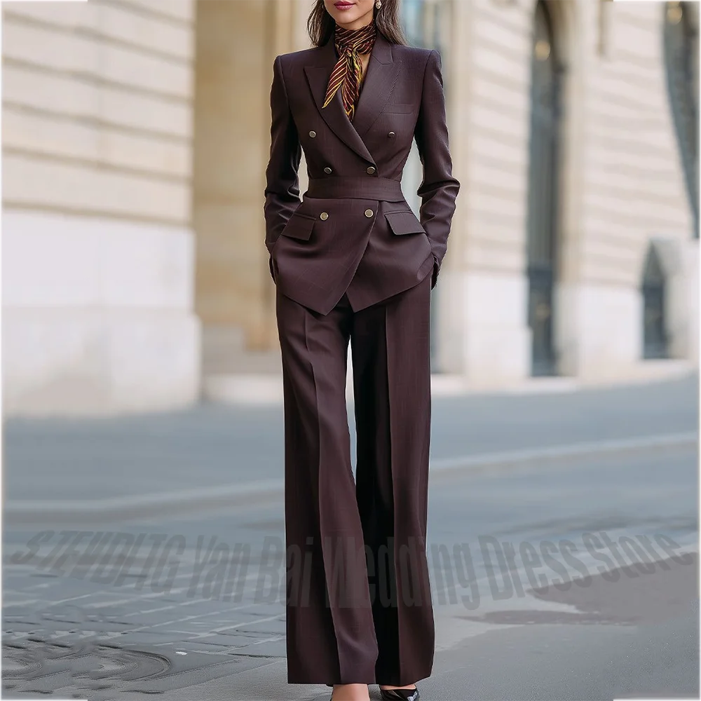 

Customized Straight Women's Suits Two Pieces Classic Double Breasted Solid Color High Street Business Casual Office Suit Set