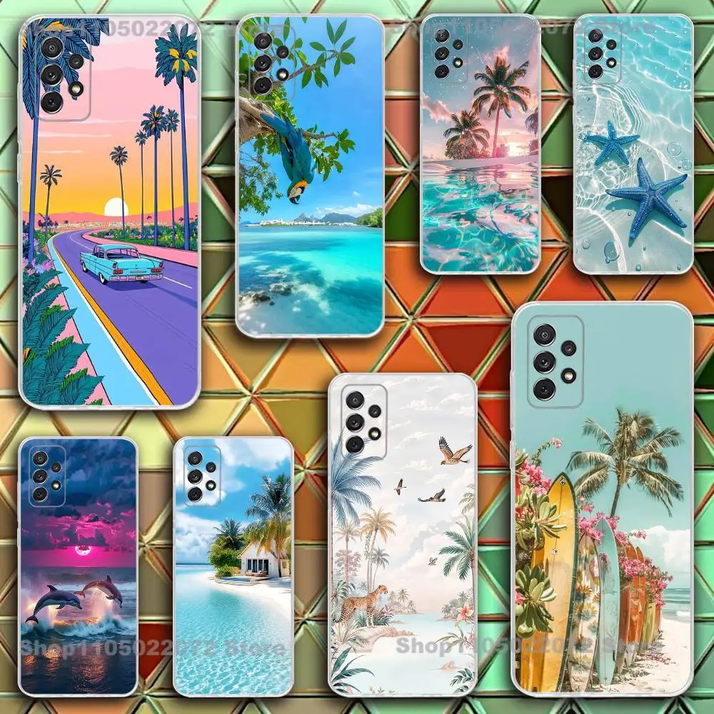

Sea Tropical Palm Trees Beach Phone Case Silicone For Samsung S30,23,21,22,20 FE lite,S10,9,PIus Note20ultra Soft Transparent