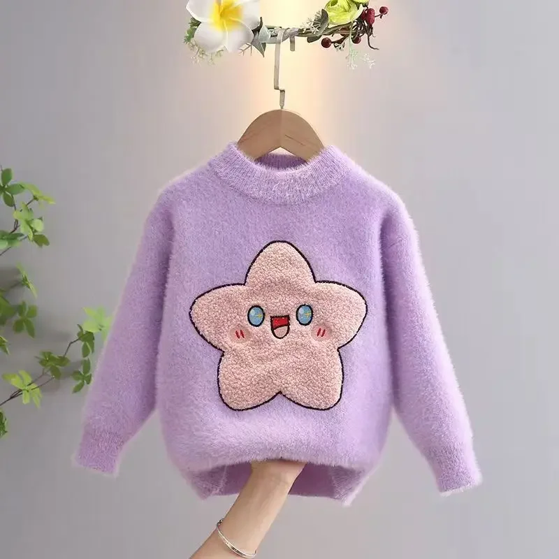 Star Pattern Sweater Girl Winter Cartoon Harajuku Furry Flocking Jumper Casual Loose Pullover Student New Knittd Clothes IY05318