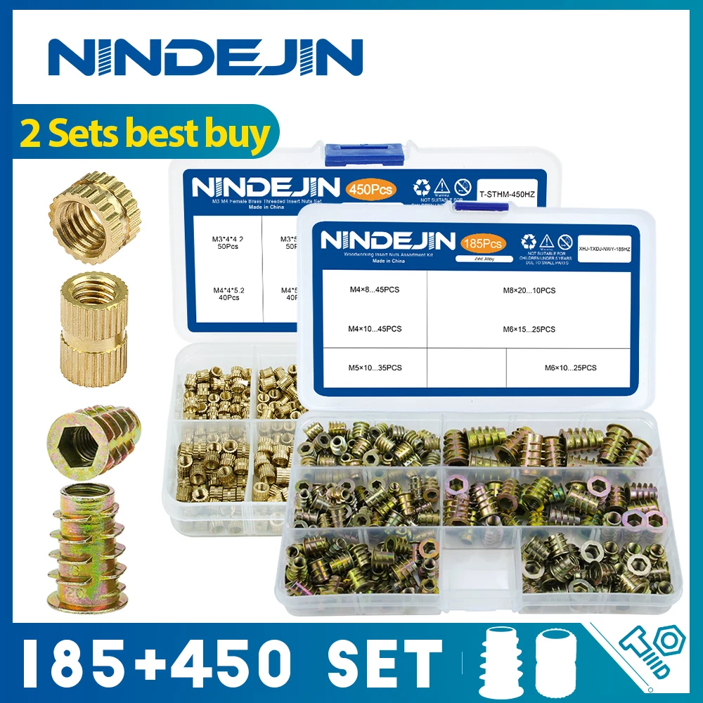 NINDEJIN 185pcs M4-M8 Hexagon Head Thread Insert Nuts Set Carbon Steel 450pcs M3-M4 Brass Female Threaded Insert Nuts Kit