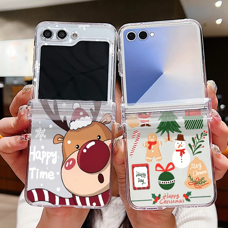 Weihnachten Hirsch Schneemann Klar Telefon Fall Für Samsung Galaxy Z Flip 7 FE 6 5 4 3 5G falten Hard Cover Für Samsung Z Flip7 Flip6