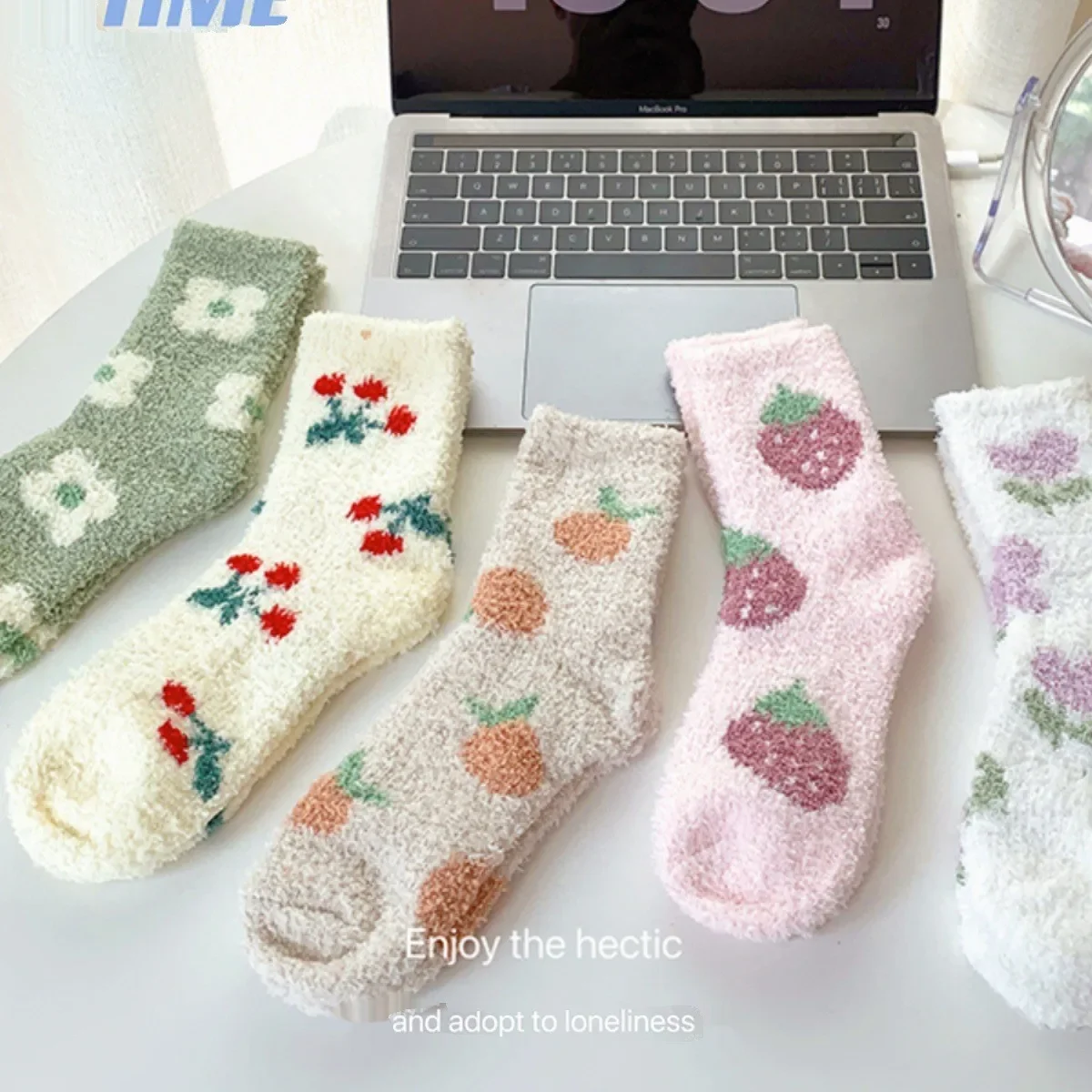 

Winter Warm Women Sleep Socks Cute Sweet Cherry Thickened Fury Lady Middle Socks