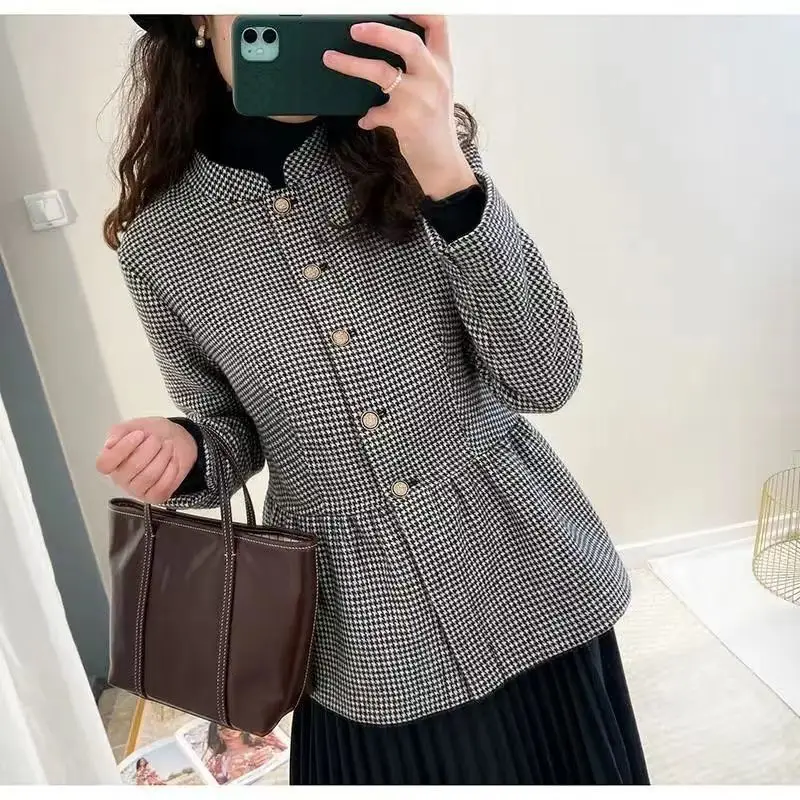 Fashion Stand Collar Folds Printed Houndstooth Jackets Women's Clothing 2024 Spring Autumn New Loose Office Lady Tops Chic Coats