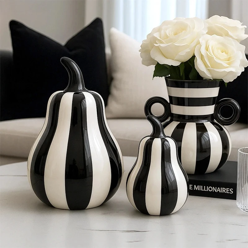 Ceramic Apple Pear Statue Ornament Black And White Striped Minimalist Art Fruit Sculpture Home And Living Room Decoration