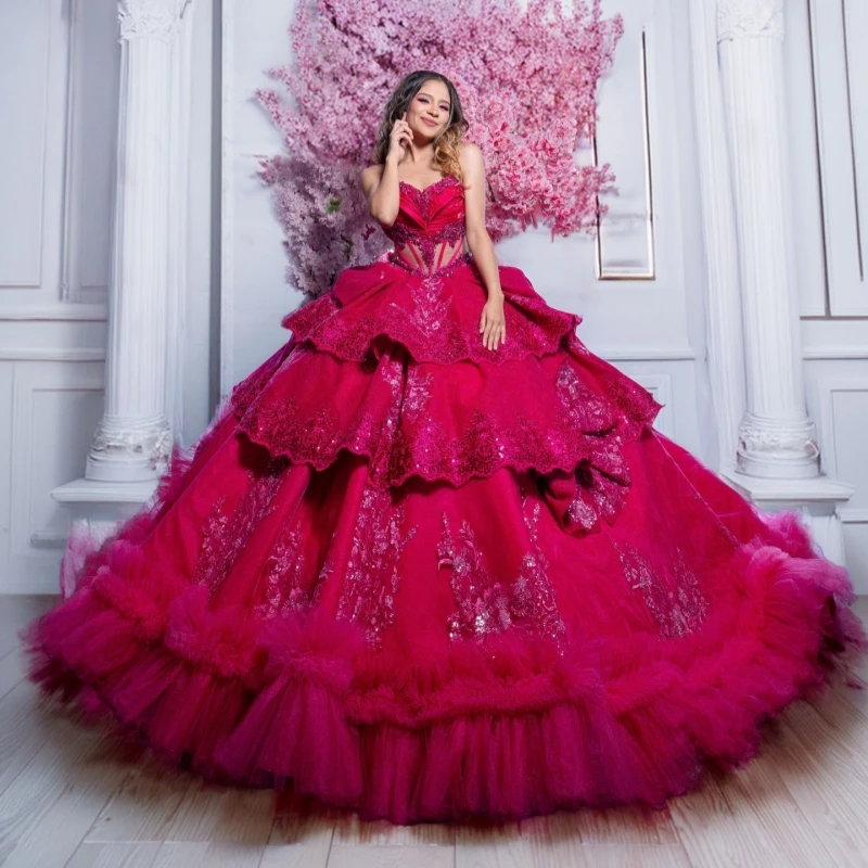 

Rose Red Shiny Quinceanera Dresses Off The Shoulder Applique Beading Crystal Tiered Tull Party Birthday Sweet 16 Dress Vestidos