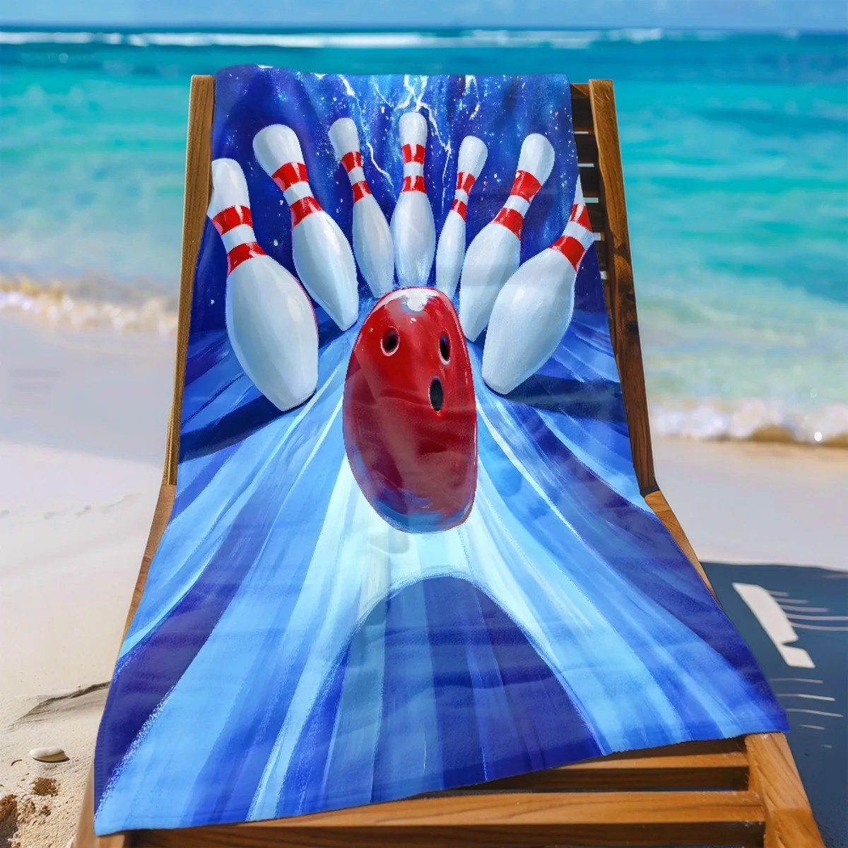 Bowling Beach Towel - Strike Ball & Pins Print, Blue Lightning Design, Fun Sports Gift, Soft Microfiber, Multiple Sizes view 2