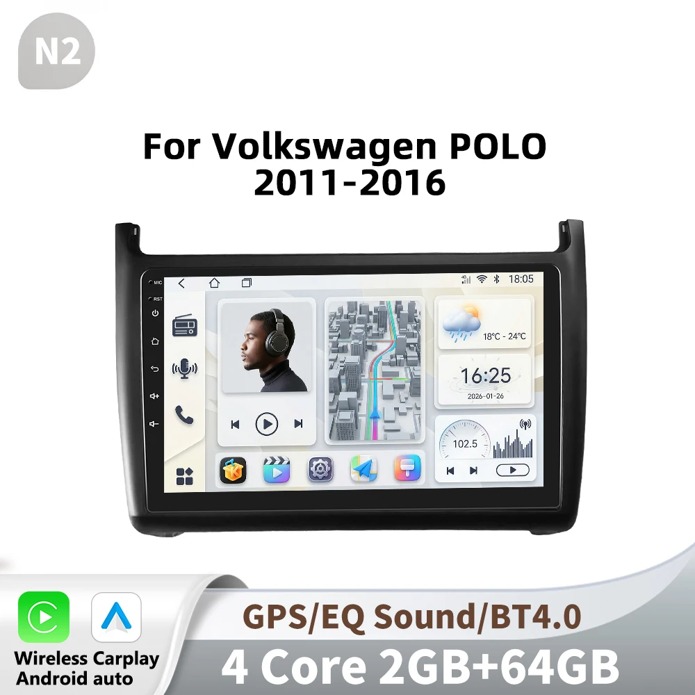 Podofo 9 inch autoradio voor Volkswagen Polo 2011-2016 met multimedia, videospeler, draadloze CarPlay, Android Auto, GPS-navigatie, 2DIN