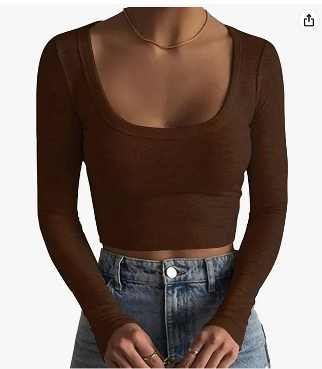 

Spring and Summer Women's Short T-shirt Long-sleeved Threaded Fashion Pullover Basic Slim Casual Solid Color Tees