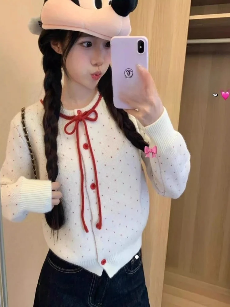 

Женский вязаный ор-свитер в красный горошек Jaet, приталенная верхняя одежда, повседневная зимняя одежда 2022, корейский вязаный свитер небольшого размера C...