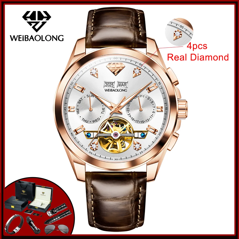 WEiBAOLONG Real Diamond Men's Watches TOP Luxury Genuine Leather Strap Skeleton Flywheel Automatic Mechanical Watch for Man 3806